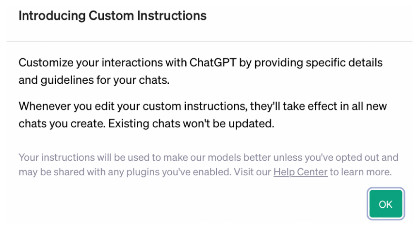 Custom Instructions in den ChatGPT-Account-Einstellungen beim ersten Öffnen