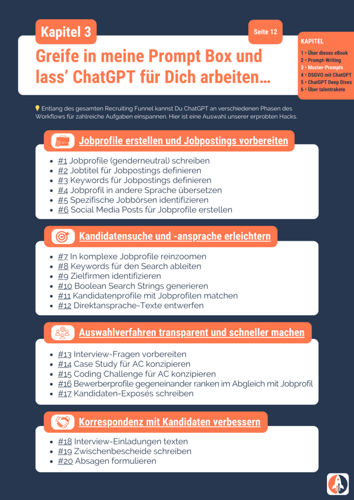 20 ChatGPT Recruiting Use Cases aus dem talentrakete "ChatGPT Recruiting Playbook"