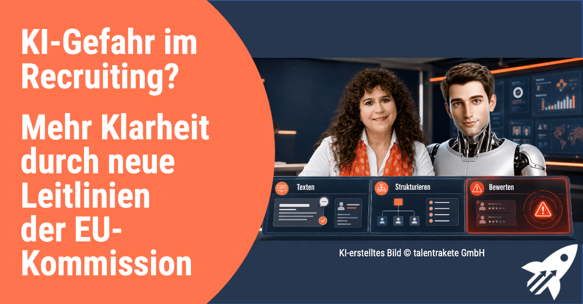 Daniela Chikato und KI-Co-Pilot Roby prüfen in einem Recruiting-Dashboard, wann KI im Recruiting nach dem EU AI Act hochrisiko-nah wird.